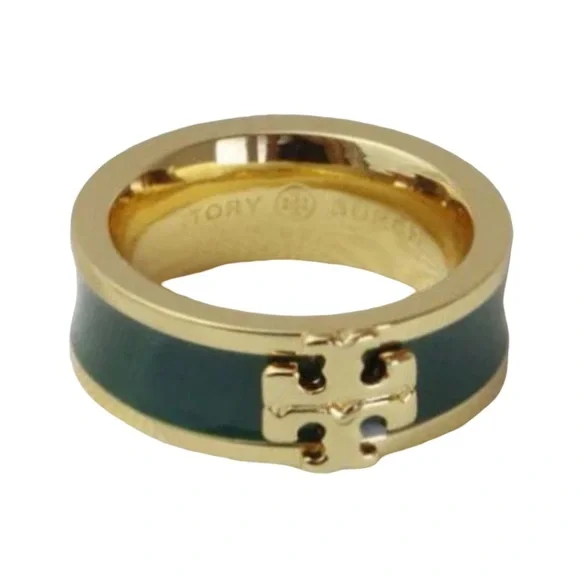 TORY BURCH • Green Kira Enamel Band Logo Ring - Picture 1 of 8